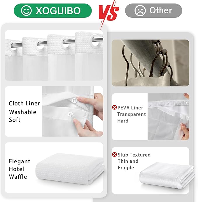 No Hook Shower Curtain and Liner Set,White Hotel Waffle Shower Curtain with Liner 78" L x 72" W - Image 5