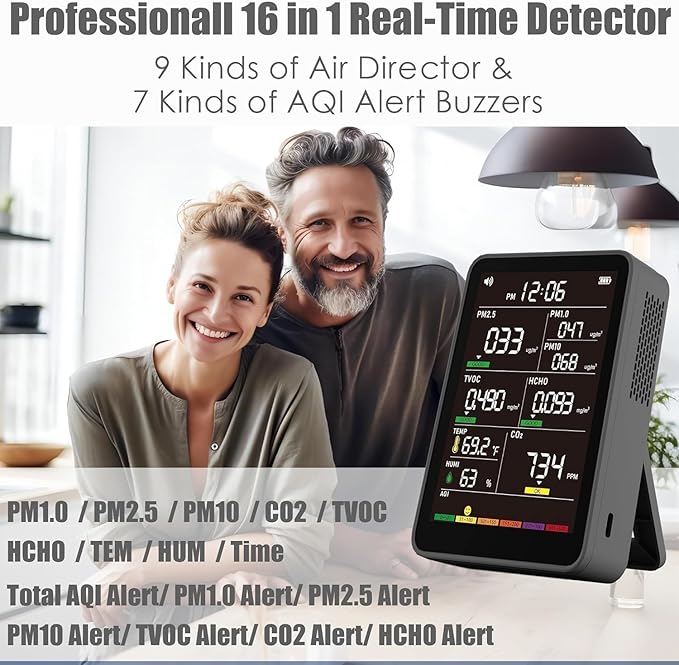 Professional Indoor Air Quality Monitor with AQI Beep Alarms, Portable Real-Time Detector for Home Cars Plants and Pets (Black) - Image 2