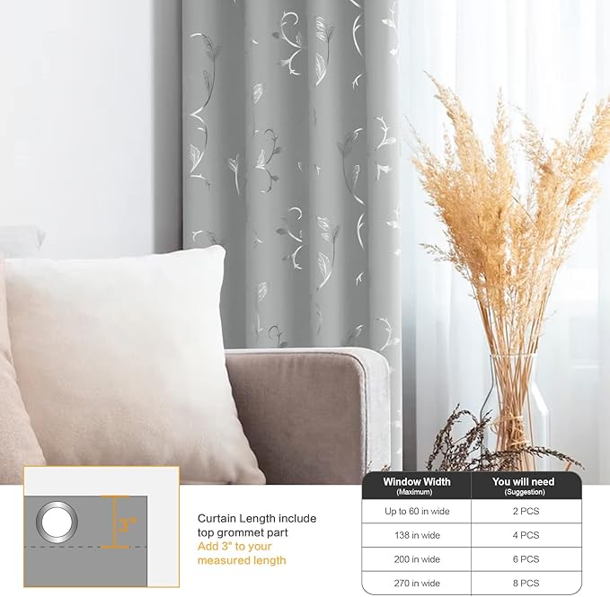 BUHUA Silver Grey Blackout Curtain 2 Panel Set Vine Foil Print Thermal Insulated Drapes Room Darkening Curtains Grommet Window Treatment, 38 x 84 Inch, Silver Grey - Image 7