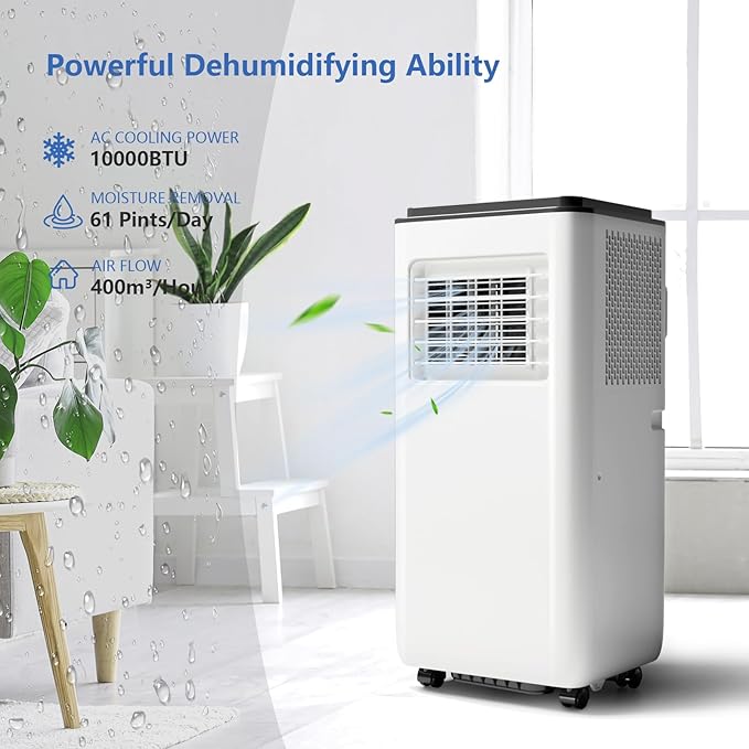 10,000 BTU Portable Air Conditioner 3IN1 AC Unit with Dehumidifier & Fan, Ideal for Rooms up to 450 Sq. Ft, Include Remote Control & Window Kit, Compact Design for Home, Office, or Garage, Sleek White - Image 5