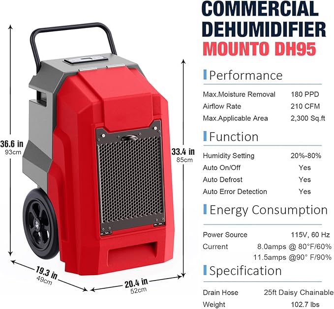 MOUNTO 180Pints Commercial Dehumidifier with Pump and Drain Hose, LGR Portable Dehumidifier with wheels for Home, Basements, Garages, and Job Sites. (Red) - Image 6