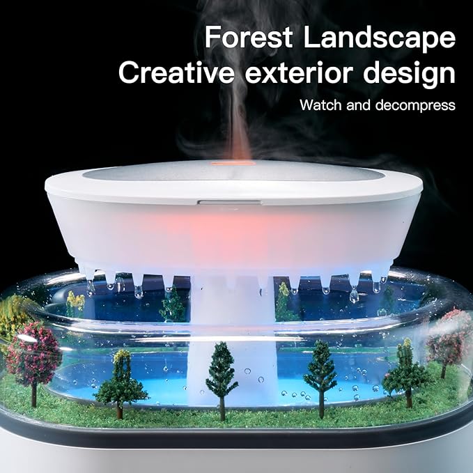 Essential Oil Diffuser 250ML Cloud Humidifier Rain Water Drip Diffuser Humidifier with Drip Music Micro Landscape Ultrasonic Diffuser for Bedroom Office Hotel (White Grey) - Image 4