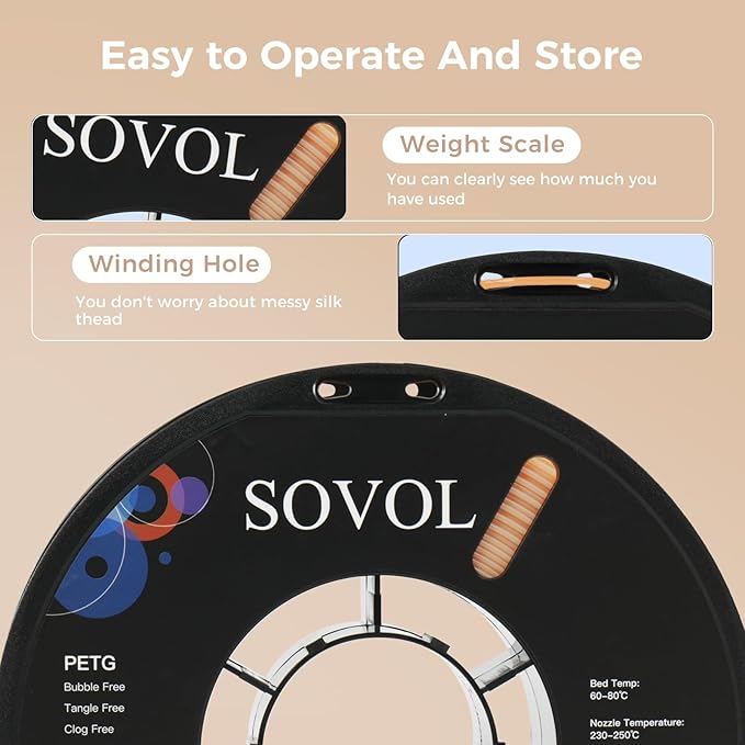 Sovol 3D Printer PETG Filament 1.75mm 1KG (2.2lbs), High Precision, Strong Toughness, Wiring Tightness, Dimensional Accuracy +/- 0.03 mm, 3D Printing PETG Filaments, Skin - Image 7