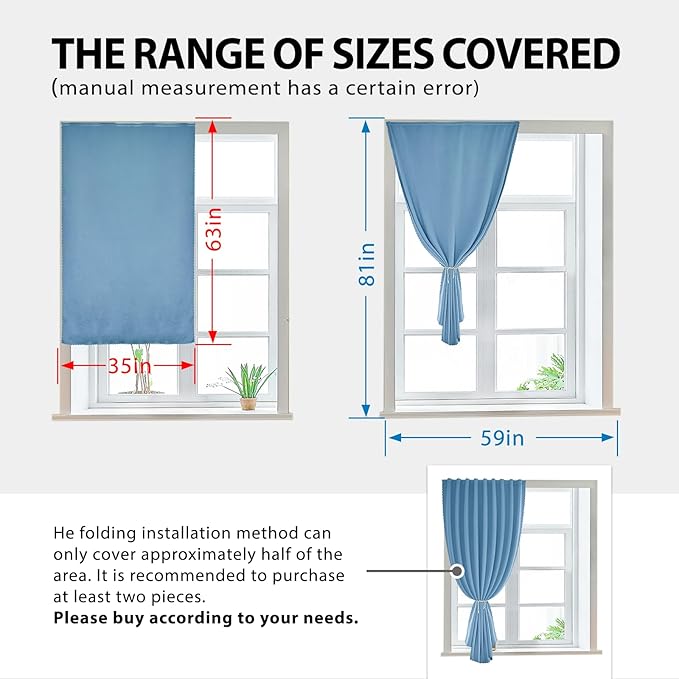 Magic Tape Stick on Portable Curtains for Windows,Bedroom Blackout Curtains for - Thermal Lnsulated No Drill Curtains Room Darkening Black Small Drapes(1 Panels,35Wx63L inch-Sky Blue) - Image 3