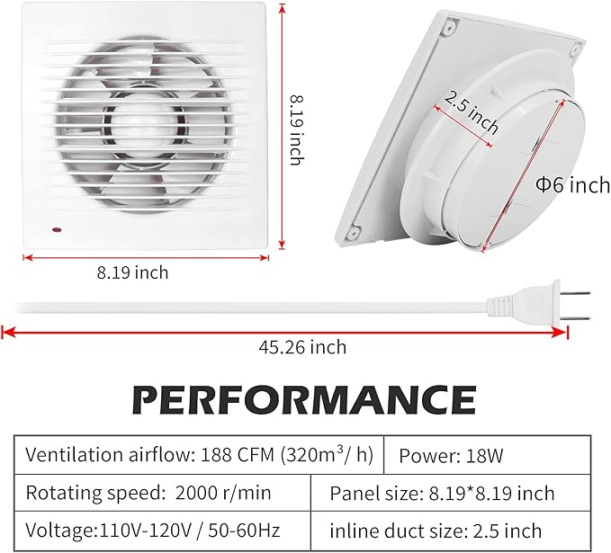 HUGOOME Exhaust Fan, 18W Ventilation Extractor with Anti-backflow Check Valve Ultra Thin, Window and Wall Mount Vent Fans for Kitchen Bathroom Greenhouse Garage (6 inch / 110V) Thin fan - Image 7