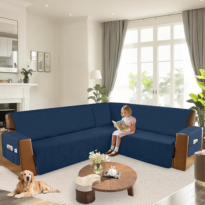 Arfntevss Waterproof Sectional Couch Covers L Shape Washable Velvet Sofa Cover for Sectional Non Slip Large Corner Slipcovers Dog 6 Pcs Universal U Shaped Furniture Protector (Dark Blue, X-Large) - Image 6