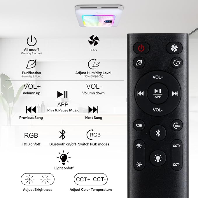 Smart Bathroom Exhaust Fan with Bluetooth Speaker, 230 CFM 1.0 Sone Exhaust Fan with Humidity & Odor Sensor, Remote/App/Voice Control, Adjustable LED Lighting & Dynamic RGB Mood Light (White) - Image 8
