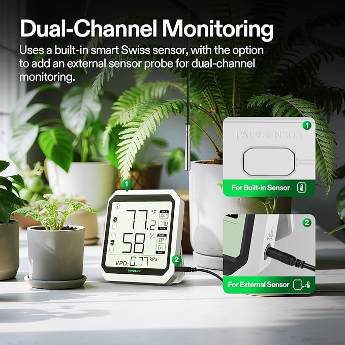 VIVOSUN AeroLab THB1S Wireless Bluetooth Hygrometer Thermometer Indoor, VPD, Digital Temp Humidity Meter, LCD Smart App Control & Alert, Data Storage, Dual Channels with Sensor Probe, Battery Included - Image 2