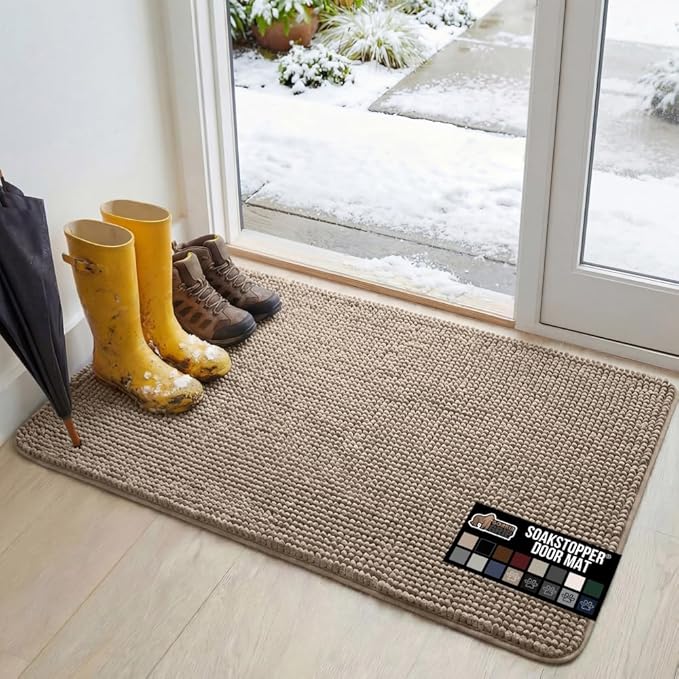 GORILLA GRIP SOAKSTOPPER Dog Door Mat, 48x30 Machine Washable Rug Absorbent Doormat Captures Moisture Mud Dirt, Quick Dry Soft Chenille Entryway Rugs Indoor Entrance Mats for Dog Paws, Beige by GorillaGrip