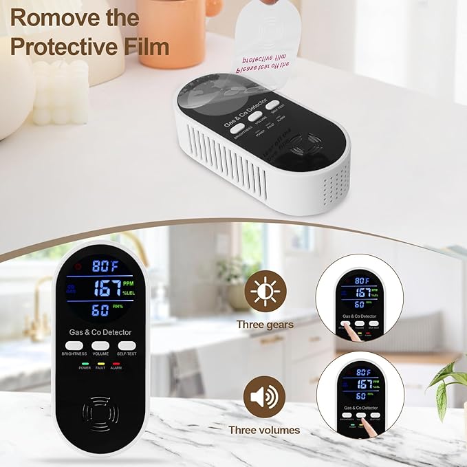 2 Packs Combination Gas Leak Detector & Carbon Monoxide Alarm,5-in-1 Plug-in Natural Gas,Propane&CO Alarm with Adjustable Voice/Brightness,9V Battery Backup,°F & Humidity Sensor for Home,RV,Hotel - Image 8