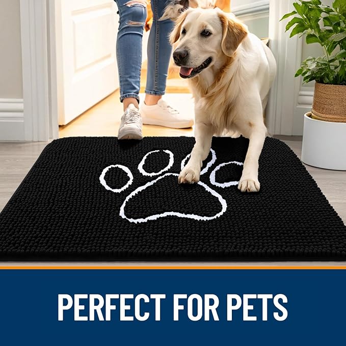 OLANLY Dog Door Mat for Muddy Paws 30x20, Paw Print Design, Absorbs Moisture and Dirt, Absorbent Non-Slip Washable Doormat, Quick Dry Chenille Mud Mat for Dogs, Entry Indoor Entryway Carpet, Black - Image 6
