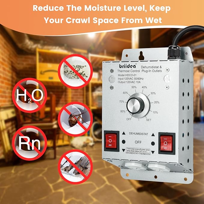 Crawl Space Humidistat Controller, Briidea Dehumidistat and Thermostat Control with 2 Plug in Outlets, Ideal for Basements Attics Garages, Reduce the Crawl Space Humidity Level - Image 2