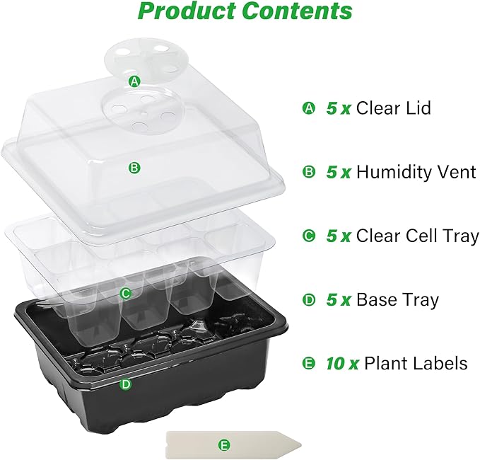 Bonviee 5-Pack Seed Starter Tray Seedling Kits,Plant Starter Kit with Adjustable Humidity Dome and Base Indoor Greenhouse Mini Propagator for Seeds Growing Starting (12 Cells per Tray,Black) - Image 2