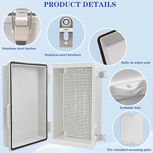 Waterproof Electrical Box, IP67 Junction Box Stainless Steel Latch Hinged Grey Cover Project Enclosure with Wall Bracket 10.2" x 6.3" x 3.9" - Image 3
