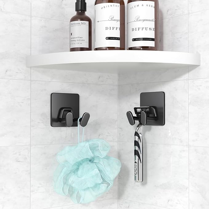 Adhesive Shower Hooks for Inside - Extra Sticky Stainless, Razor Holder Shower Accessories, Wall Mounted Self-Adhesive Double Hooks for Razor, Loofah, Towel, Shaver, Coat, Key, Matt Black, 6 Pack - Image 5