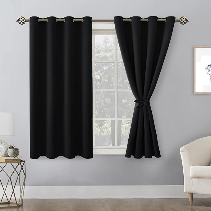 Hiasan Blackout Curtains for Bedroom, 52 x 54 Inches Long - Thermal Insulated & Light Blocking Window Curtains for Living Room, 2 Drape Panels Sewn with Tiebacks, Black - Image 2