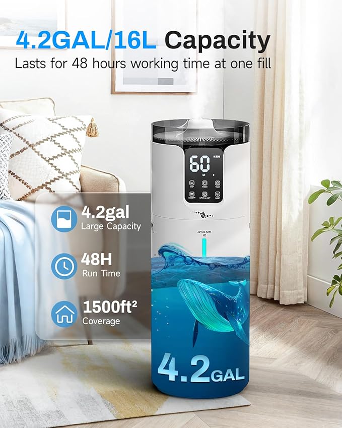 Humidifier Large Room, 4.2 Gal/16L Large Humidifier for 1500 sq.ft, 360° Nozzles Cool Mist Ultrasonic, Top Fill Tower Humidifiers for Bedroom Office Plant wholehouse with Extension Tube, Night Light - Image 3