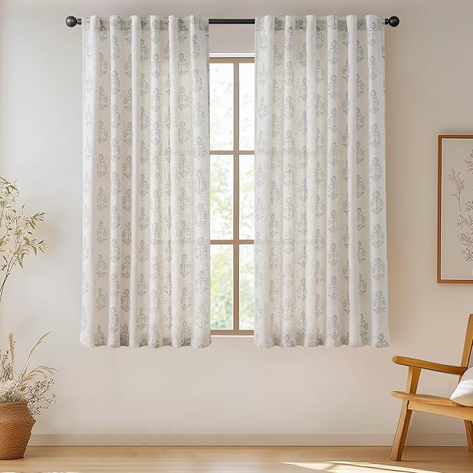 jinchan Linen Floral Curtains for Living Room 63 Inch Length Gray Flower Cottage Core Farmhouse Curtains Rod Pocket Back Tab Boho Semi Sheer Window Drapes Bedroom Set 2 Panels Grey on Beige - Image 2