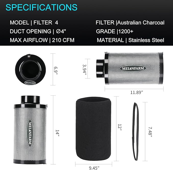 MELONFARM 4 inch Air Carbon Filter Smelliness Control with Australia Virgin Charcoal, Built-in 14cm Fan Low Nois and Speed Controller for Inline Duct Fan, Grow Tent, Vent Cover & Pre-Filter Included - Image 7
