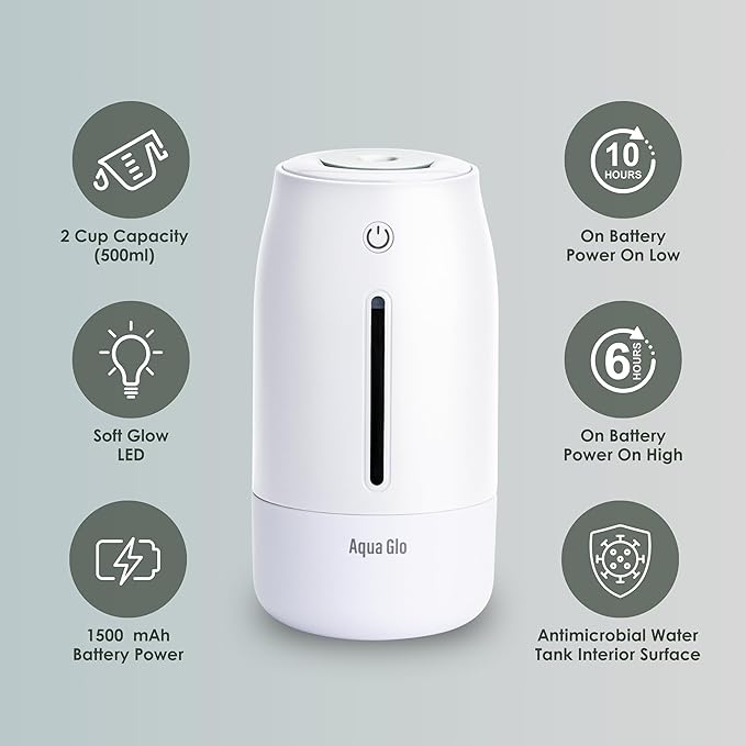 Aqua Glo Personal, Portable Humidifiers for Bedroom – Ultrasonic Cool Mist Humidifier with Built In Rechargeable Battery. Air Humidifier for Baby, Plants, Home, Office, Travel. White - Image 4
