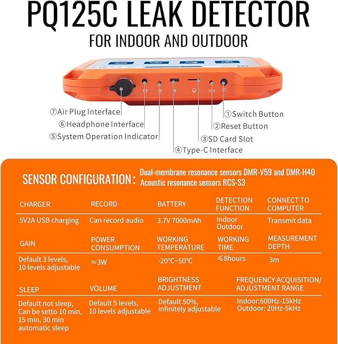 PQWT Underground Water Leak Detectors for Home and Outdoor PQ125C Wall Pipe Water Leakage Detection with Touchscreen Earphone and Carrying Case Multi Sensor Acoustic Pipeline Sound Intensifier - Image 5