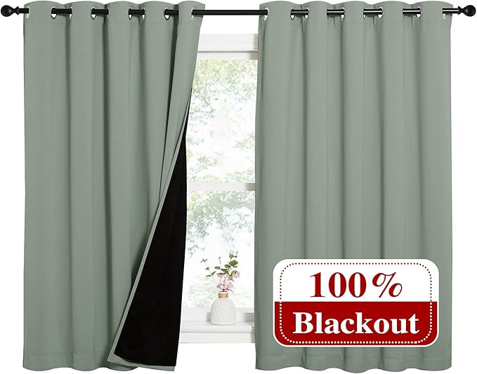 NICETOWN Greyish Green 100% Blackout Lined Curtains, 2 Thick Layers Completely Blackout Window Treatment Thermal Insulated Drapes for Kitchen/Bedroom (1 Pair, 62" Width x 63" Length Each Panel) - Image 2