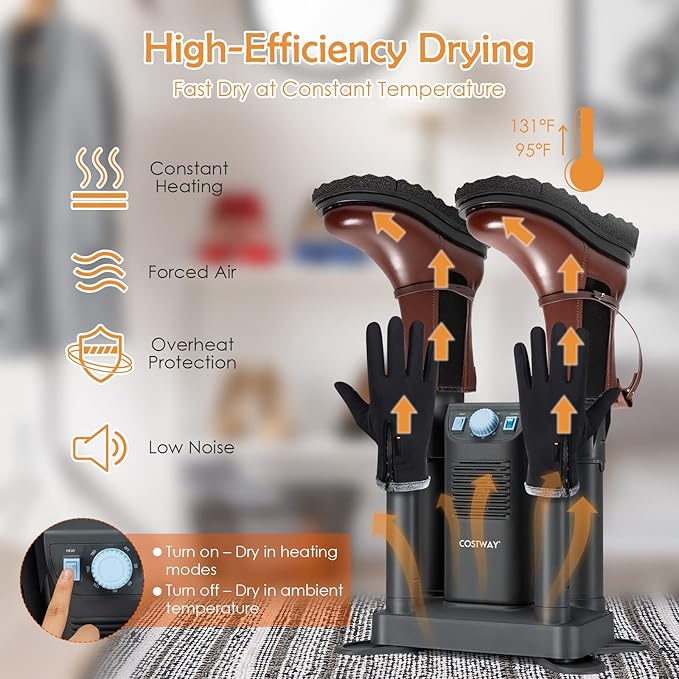 COSTWAY Boot Dryer, Shoe Dryers with 180 Mins Timer & Heating Blower, Ozone Disinfection, Extendable Design, Electric Shoe and Boot Warmer for Work Boots, Ski, Glove, Hats, Grey - Image 2