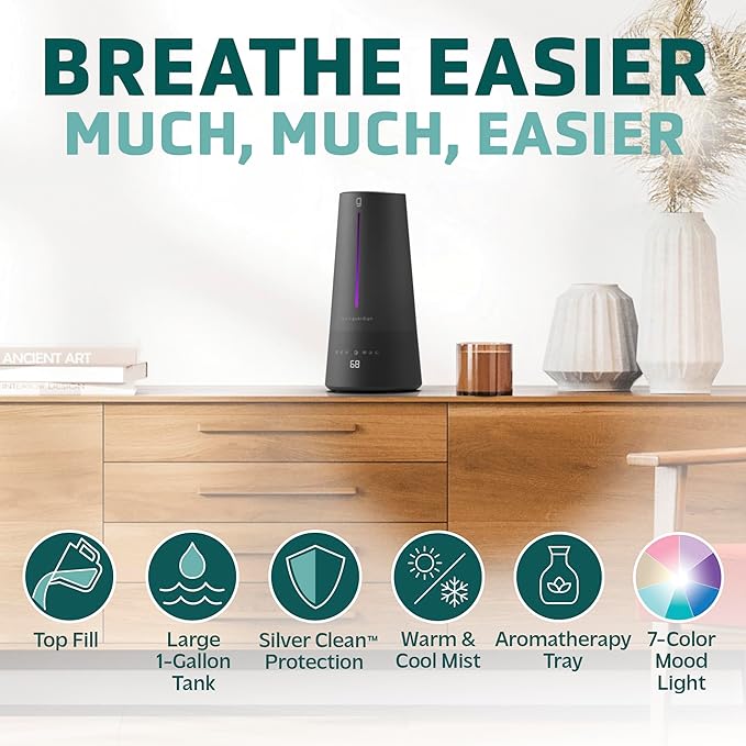PureGuardian 1.5 Gal Ultrasonic Warm & Cool Mist Humidifier with UV-C Light, IntelliSense Humidistat, 90-Hr Runtime, for Large Rooms up to 540 Sq. Ft., Black, H5665B - Image 3