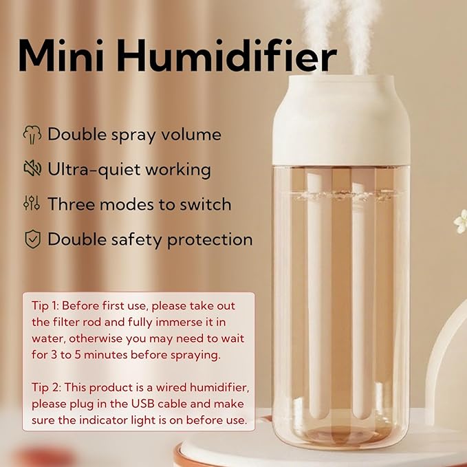 Portable Small Humidifier Dual Nozzle - Large Cool Mist Humidifiers Double Spray Ports, Water Shortage Protection, Ultra-Quiet, Mini Humidifier for Bedroom Plants Office Car Travel (P07) - Image 2