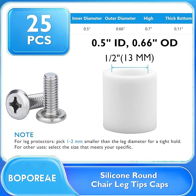 25 Pcs 1/2" (13 mm) Round Chair Leg Tips Caps, Silicone Rubber Furniture Leg Floor Protectors, Reduce Noise Folding Metal Chair Leg Cap Replacement for Bar Stool Leg Patio Indoor, White - Image 9