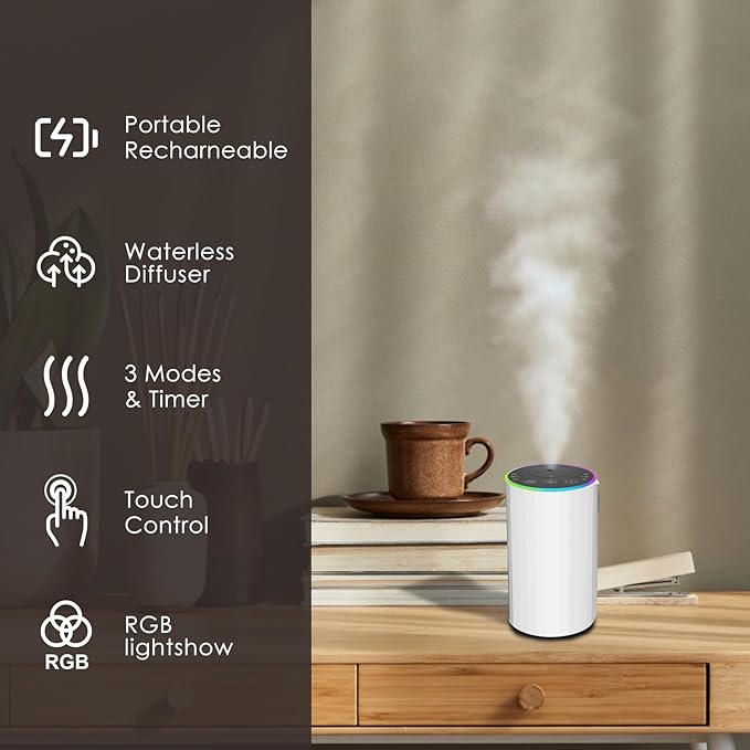 Waterless Essential Oil Diffuser, 7 Colors LED Light, Battery Powered Mini Scent Air Machine, Aromatherapy Mist Diffuser for Home Room Car Office (2452white) - Image 4