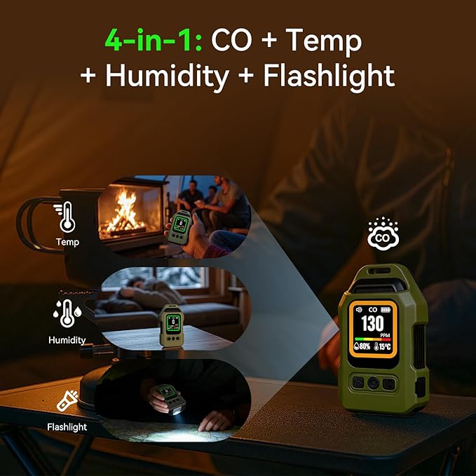 Portable 4-in-1 Carbon Monoxide Detector, Rechargeable Mini CO Alarm with Magnetic Back, 300H Standby, Temp & Humidity Sensor Air Quality Monitor for Home, Travel, Camping, RV, Car - Image 2
