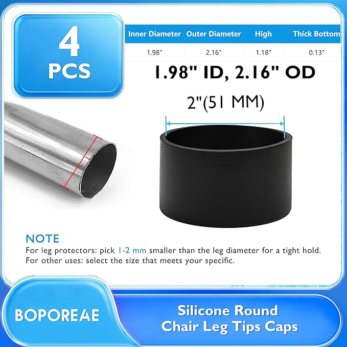 4 Pcs 2" (51 mm) Round Chair Leg Tips Caps, Silicone Rubber Furniture Leg Floor Protectors, Reduce Noise Folding Metal Chair Leg Cap Replacement for Bar Stool Leg Patio Indoor, Black - Image 9