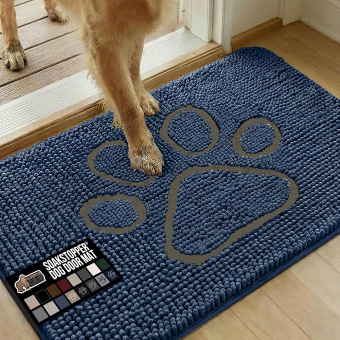 GORILLA GRIP SOAKSTOPPER Dog Door Mat, 36x24 Machine Washable Rug Absorbent Doormat Captures Moisture Mud Dirt, Quick Dry Soft Chenille Entryway Rugs Indoor Entrance Mats for Dog Paws, Navy by GorillaGrip
