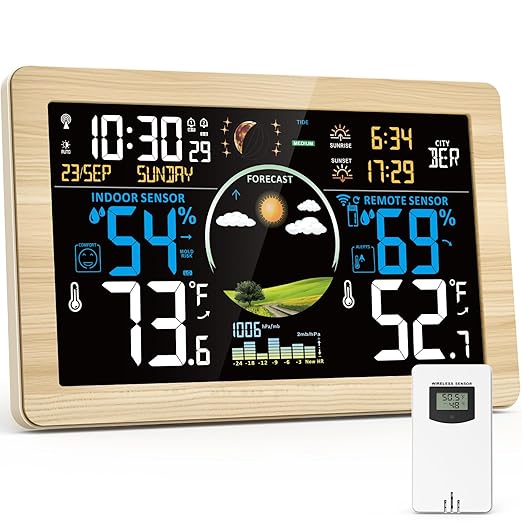 Weather Station Wireless Indoor Outdoor, Digital Thermometer, 7.5'' VA Display Home Weather Stations, Accurate Temperature Humidity Gauge with Weather Forecast, Atomic Clock,Khaki by Brataste