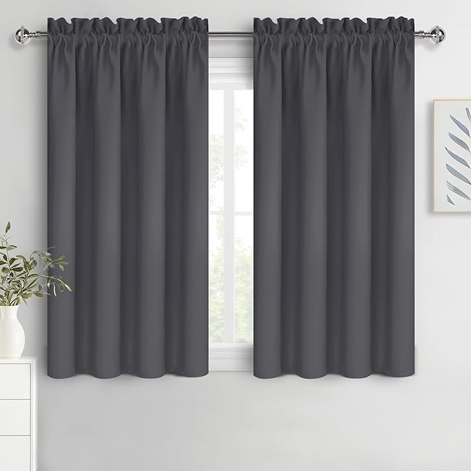 DWCN Kitchen Blackout Short Curtains for Bedroom 45 Inch Length 2 Panels Set, Solid Thermal Insulated Energy Saving Rod Pocket Window Treatment Curtains Blackout Draperies (W52 x L45 Inch, Dark Grey) by DWCN