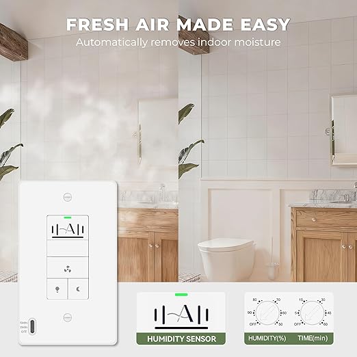 Akicon Humidity Sensor Switch with Motion-Activated Wall Plate, Bathroom Fan Timer Switch for Ventilation, Adjustable Humidity Settings, Fan and Light Control, ETL Listed, White - Image 2