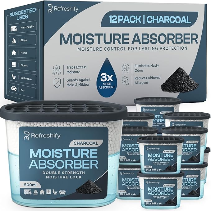 Premium Moisture Absorbers and Dehumidifier Tubs – High-Efficiency Closet Dehumidifier and Dehumidifier for Car, Odor Control Charcoal, 12 Pack, 7.5 Oz by AllSettHealth
