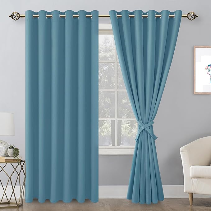 Hiasan Room Darkening Curtains for Bedroom, 70 x 84 Inches - Thermal Insulated & Energy Saving Window Drapes for Living Room/Dorm Room, Set of 2 Panels Sewn with Tiebacks, Stone Blue - Image 2