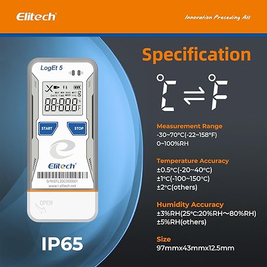 Elitech Bluetooth Temperature Humidity Data Logger FDA Standards, with Shadow Data Reusable Recorder 32000 Points, Auto PDF/CSV Report, for Windows/MacOS, Refrigerator Thermometer LogEt5B-TH, Blue - Image 2