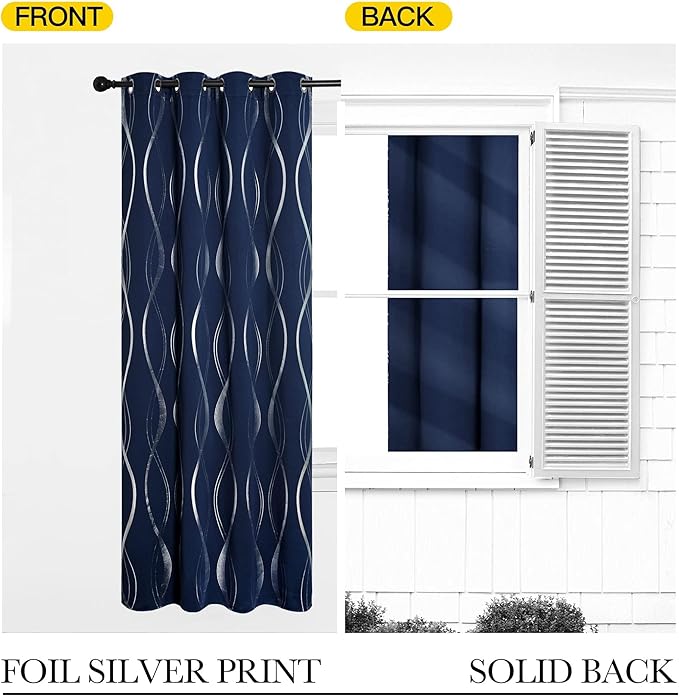 NICETOWN Navy Blue Blackout Curtain Panels 84 inches Long, Window Treatment Foil Printed Wave Lines Thermal Insulated Grommet Drapes for Living Room/Office/Guest Room(1 Pair, 52" Wide) - Image 6