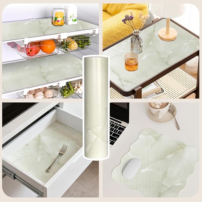 2-Layer Drawer and Shelf Liner for Kitchen Cabinet: 12in X 20Ft Non Slip Waterproof Shelf Paper Non Adhesive Refrigerator Liners Cyan Marble Easy Liners for Bathroom with Knife Tape Measure - Image 9