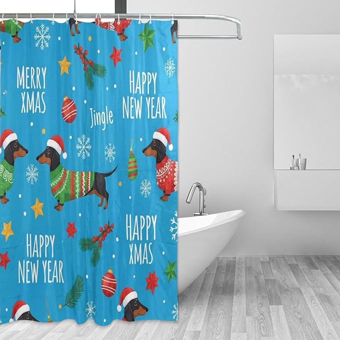 Christmas Santa Dog Blue Shower Curtain Liner 72×72 inch for Bathroom Curtain Anti Mold Shower Curtain with Hooks Bathroom Accessories by Unknown