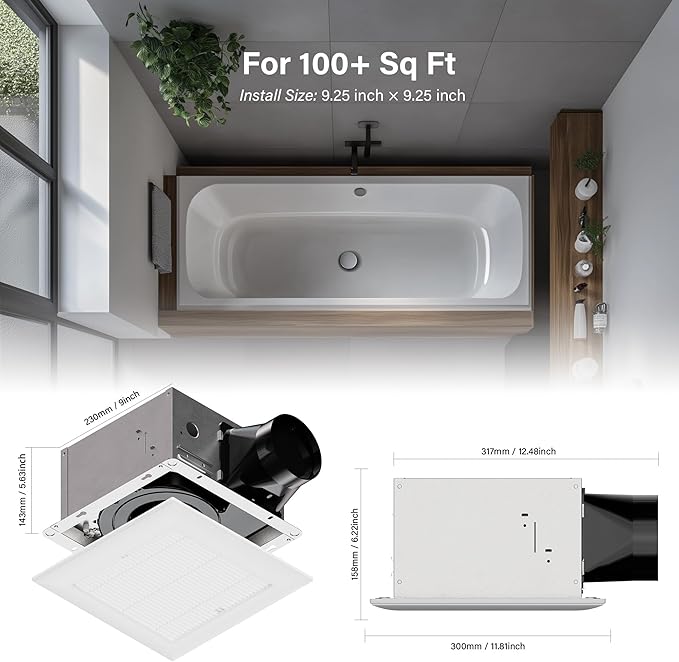 Ventilation Fan With Grille for Bathroom and Home, 100CFM, 25W Ceiling Mount Shower Exhaust Fan, 120V, White, Wet Rated, ETL Certified - Image 2