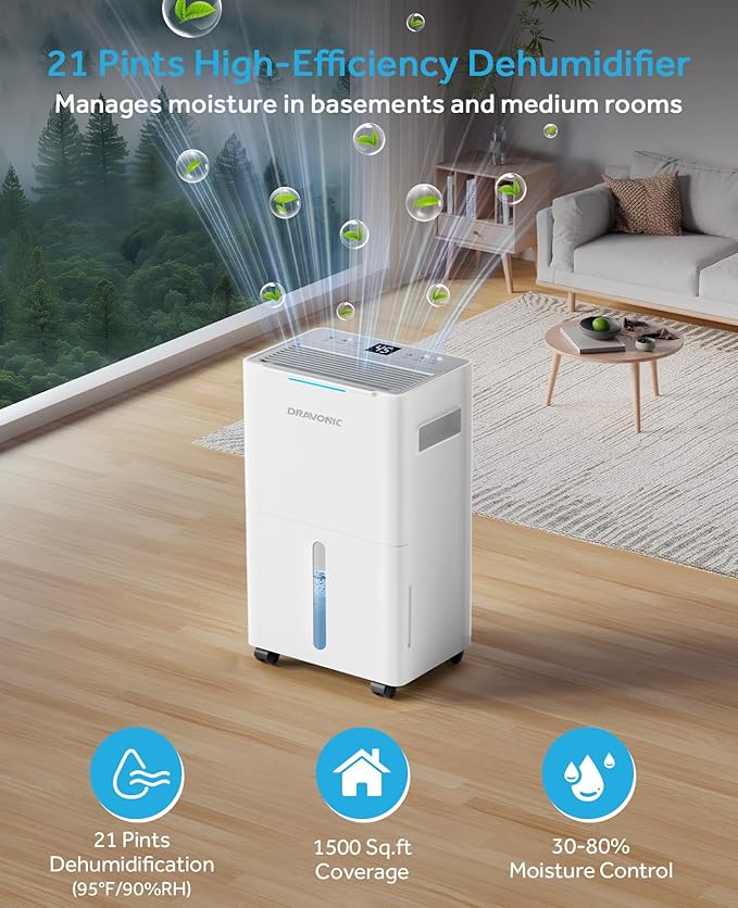 21 Pints Dehumidifier for Basement, 1500 Sq. Ft Dehumidifiers for Home with Drain Hose, Quiet Smart Humidity Control for Bedroom Bathroom with Auto Shut Off, 24H Timer - Image 2