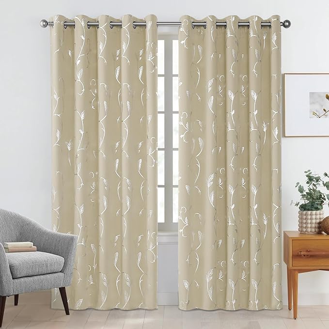 BUHUA Silver Grey Blackout Curtain 2 Panel Set Vine Foil Print Thermal Insulated Drapes Room Darkening Curtains Grommet Window Treatment, 66 x 72 Inch, Beige - Image 2