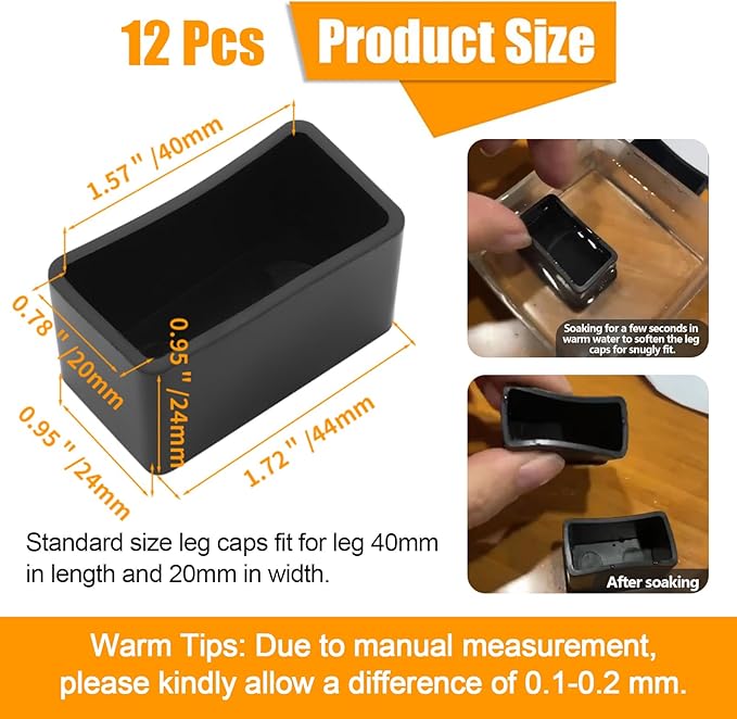 12PCS PVC Rectangle Rubber Chair Leg Tips Caps, 40mm x 20mm Table Foot Caps Black Furniture Foot Table Chair Leg End Cap, Anti-Slip Chair Leg Floor Protectors, Black - Image 2