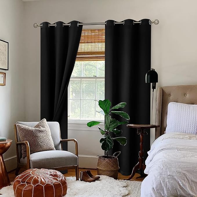BGment Thermal Insulated 100% Blackout Curtains for Bedroom with Black Liner, Double Layer Full Room Darkening Noise Reducing Grommet Curtain (42 x 84 Inch, Black, 2 Panels) - Image 2