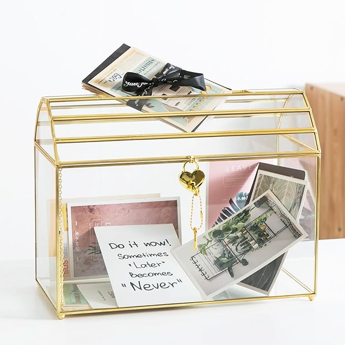 Wedding Card Box with Slot, 12.2'' Large Glass Card Boxes for Reception, Gold Cards Holder, Clear Decorative Storage Box with Lock for Baby Shower, Birthday Party, Christmas, Bridal Shower by Unknown