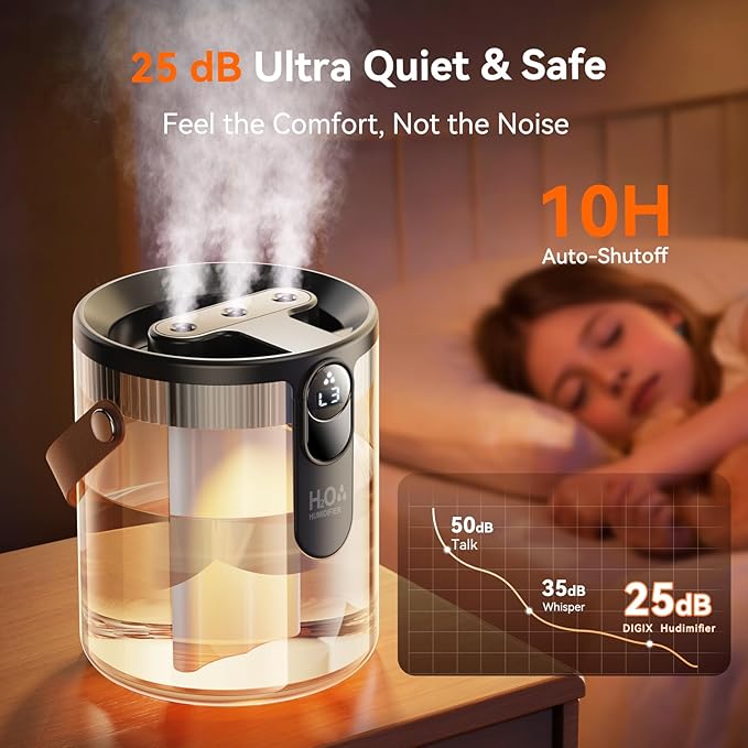 DIGIX Small Portable Humidifiers for Bedroom, 1.4L Top Fill Cool Mist Humidifier for Home Office Travel, 3 Mist Modes, Auto Shut Off, Night Light, Easy to Clean Quiet Humidifier for Baby Plant (Grey) - Image 6